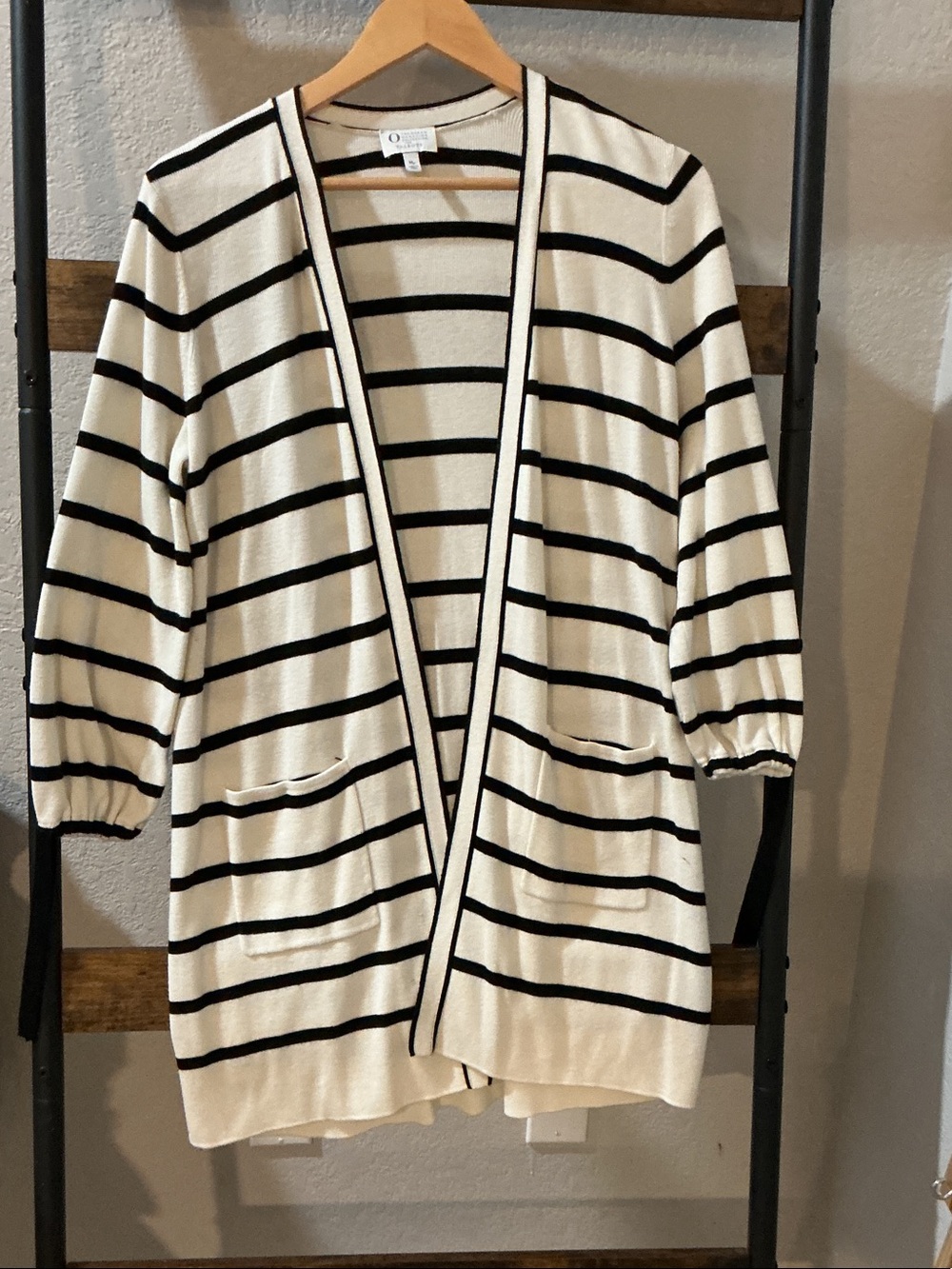 Open-Front Striped Cardigan Sweater in Cream and Black